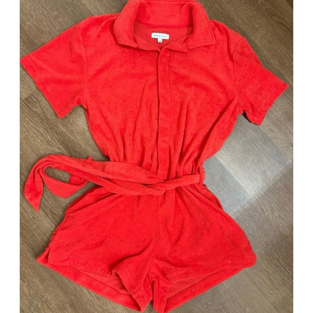 Gianni Bini Red Terry Cloth Short Sleeve Belted Romper 70333JU0422 XS